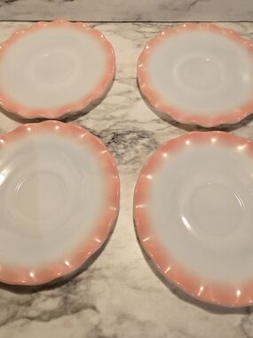 4 Hazel Atlas Crinoline Milk Glass Ruffled Light Pink Edge 9" Dinner Plates